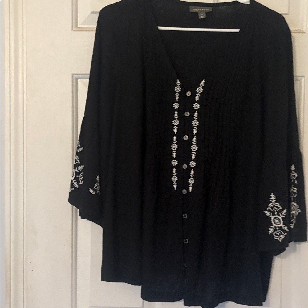 Style and Co. Embroidered Black Blouse - NWT